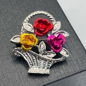 VTG Flower Basket Brooch Pin Silver Roses Flowers 1.25"